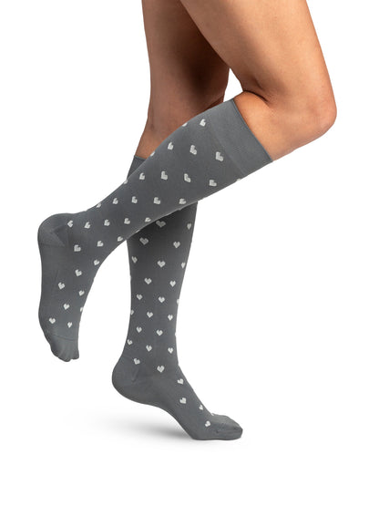 Sigvaris Microfiber Patterns Women's Knee High, Grey Hearts