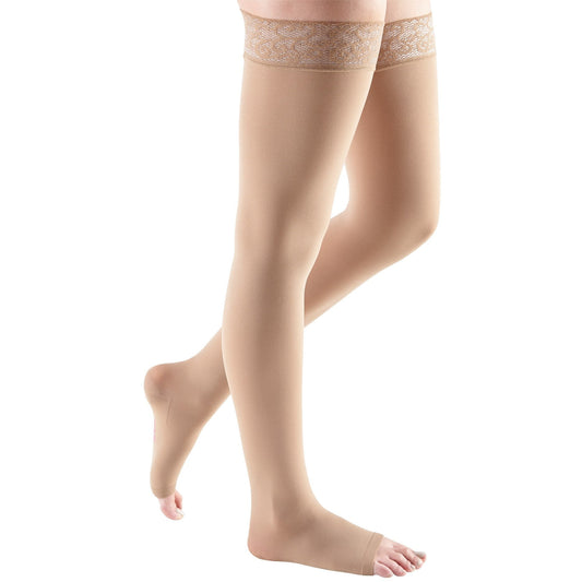 Mediven Comfort Thigh High 20-30 mmHg, Open Toe w/ Lace Silicone Top Band, Natural