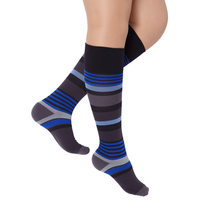 Rejuva® Motley Stripe Knee High 20-30 mmHg, Black/Blue