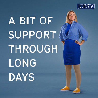 Woman in blue outfit with text 'A bit of support through long days' and JOBST logo on a blue background
