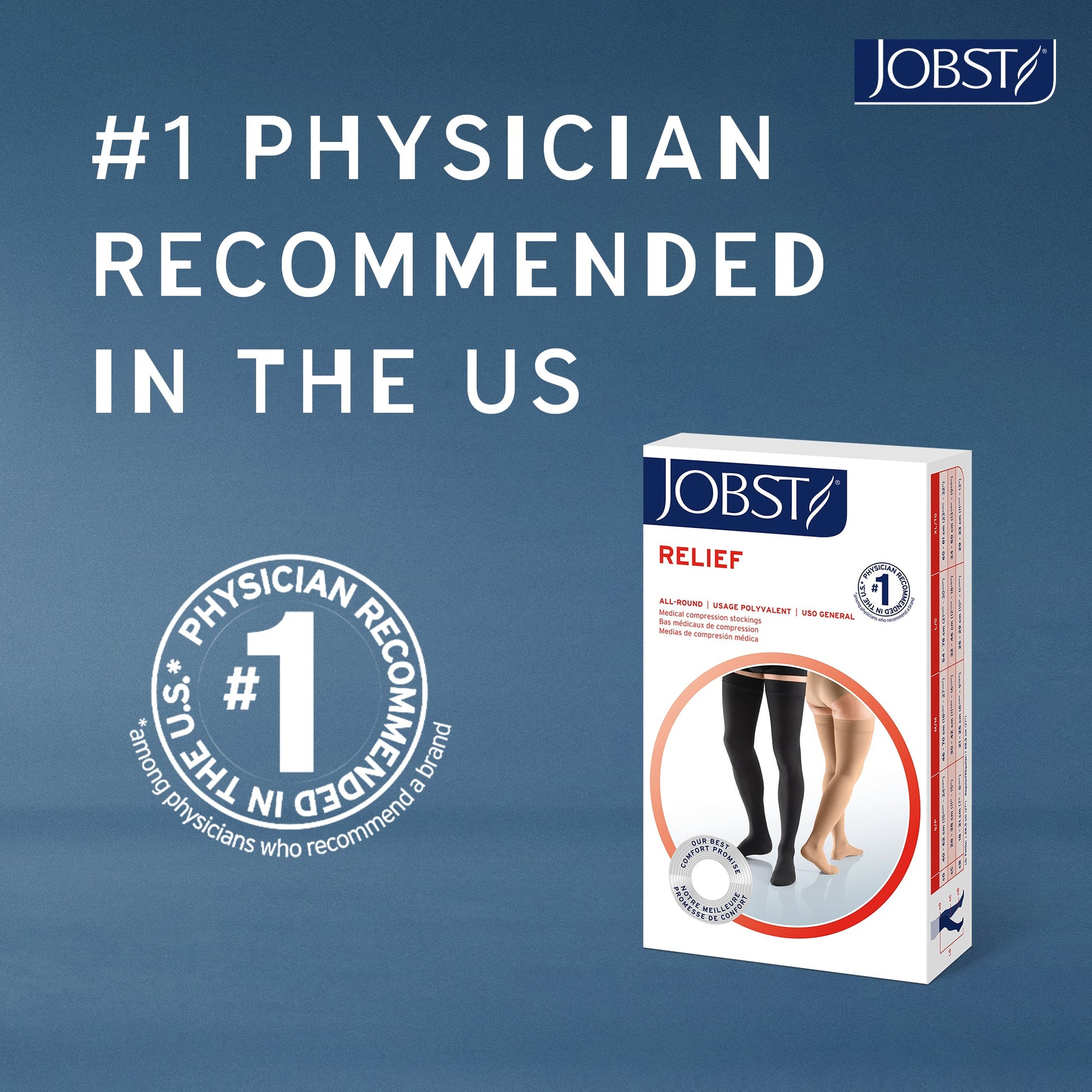 JOBST Relief packaging with text '#1 Physician Recommended in the US' on a blue background