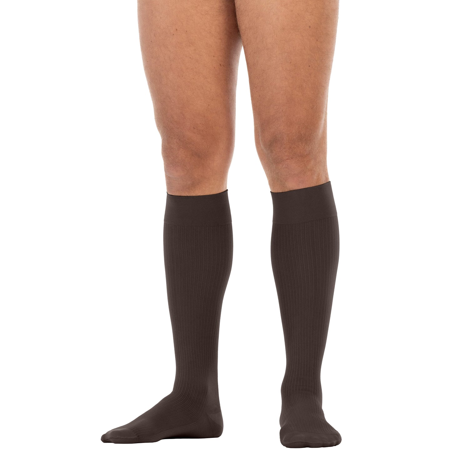 Brown knee-high socks worn by a person on a white background