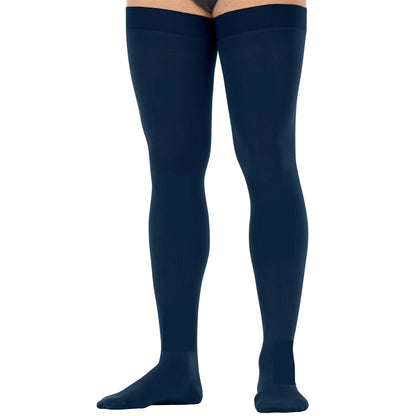Navy blue thigh-high socks on a white background