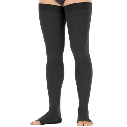 anthracite compression stockings worn by a person on a white background