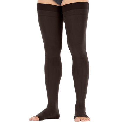 Brown thigh-high socks worn by a person on a white background
