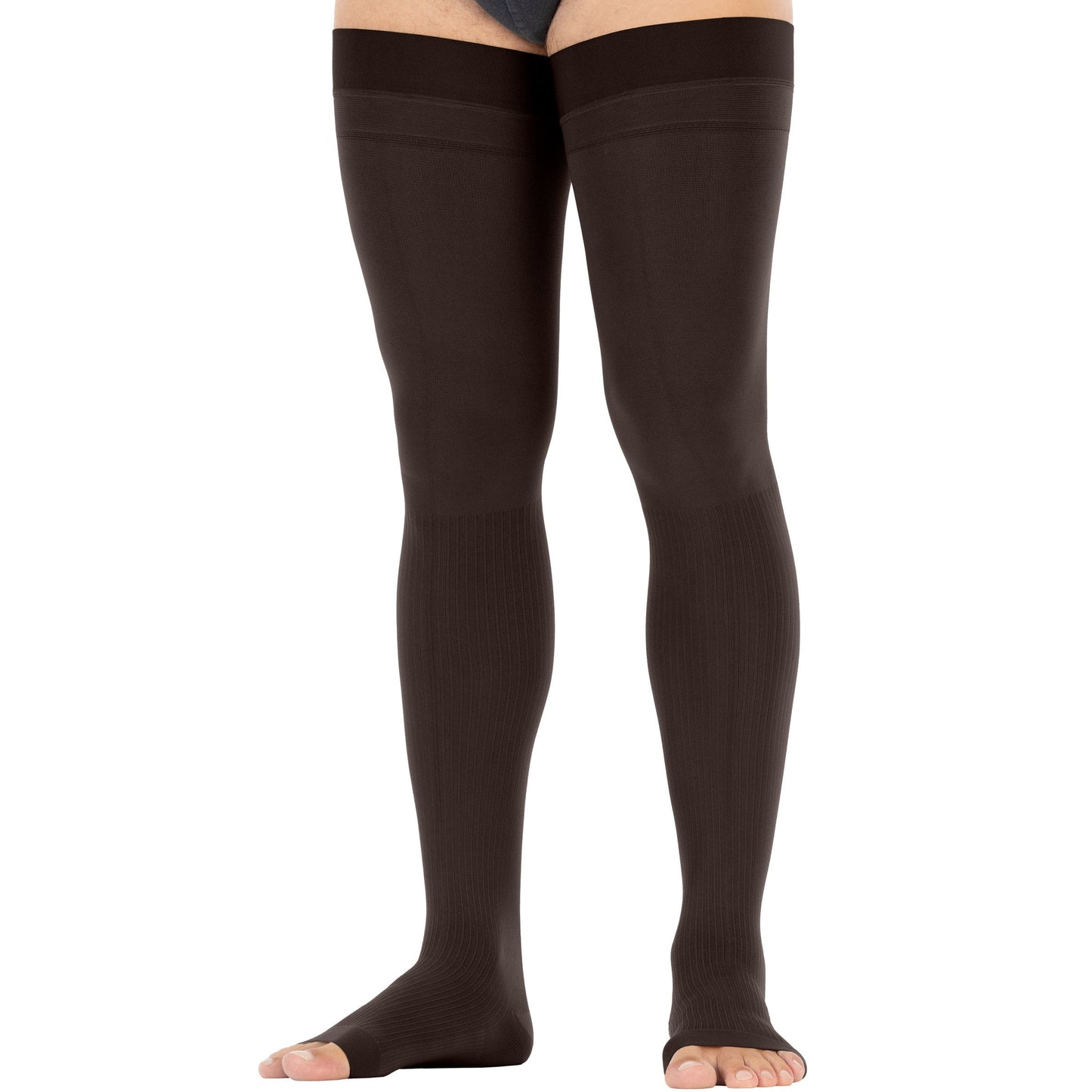Brown thigh-high socks worn by a person on a white background