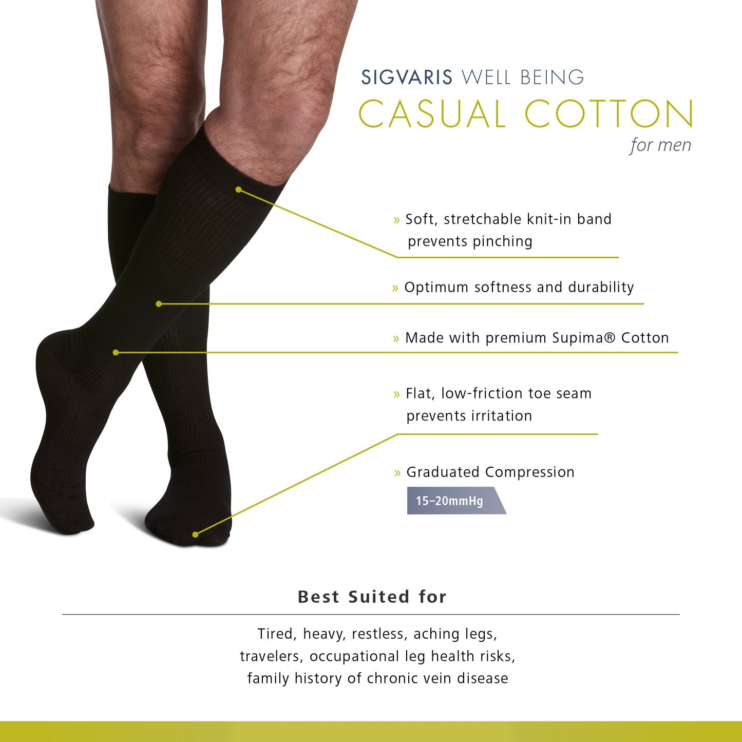 Sigvaris Casual Cotton Men's 15-20mmHg Knee High Features