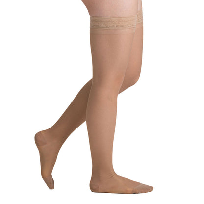 EvoNation Everyday Sheer 20-30 mmHg Thigh High w/ Lace Top Band, Beige