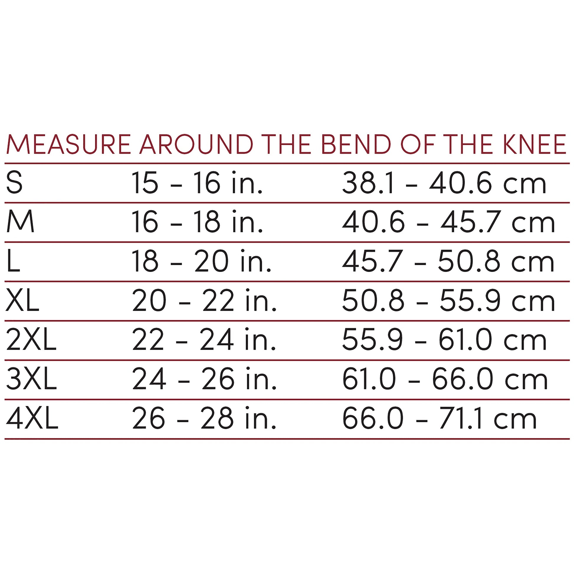 OTC Orthotex Knee Stabilizer - Spiral Stays, Size Chart