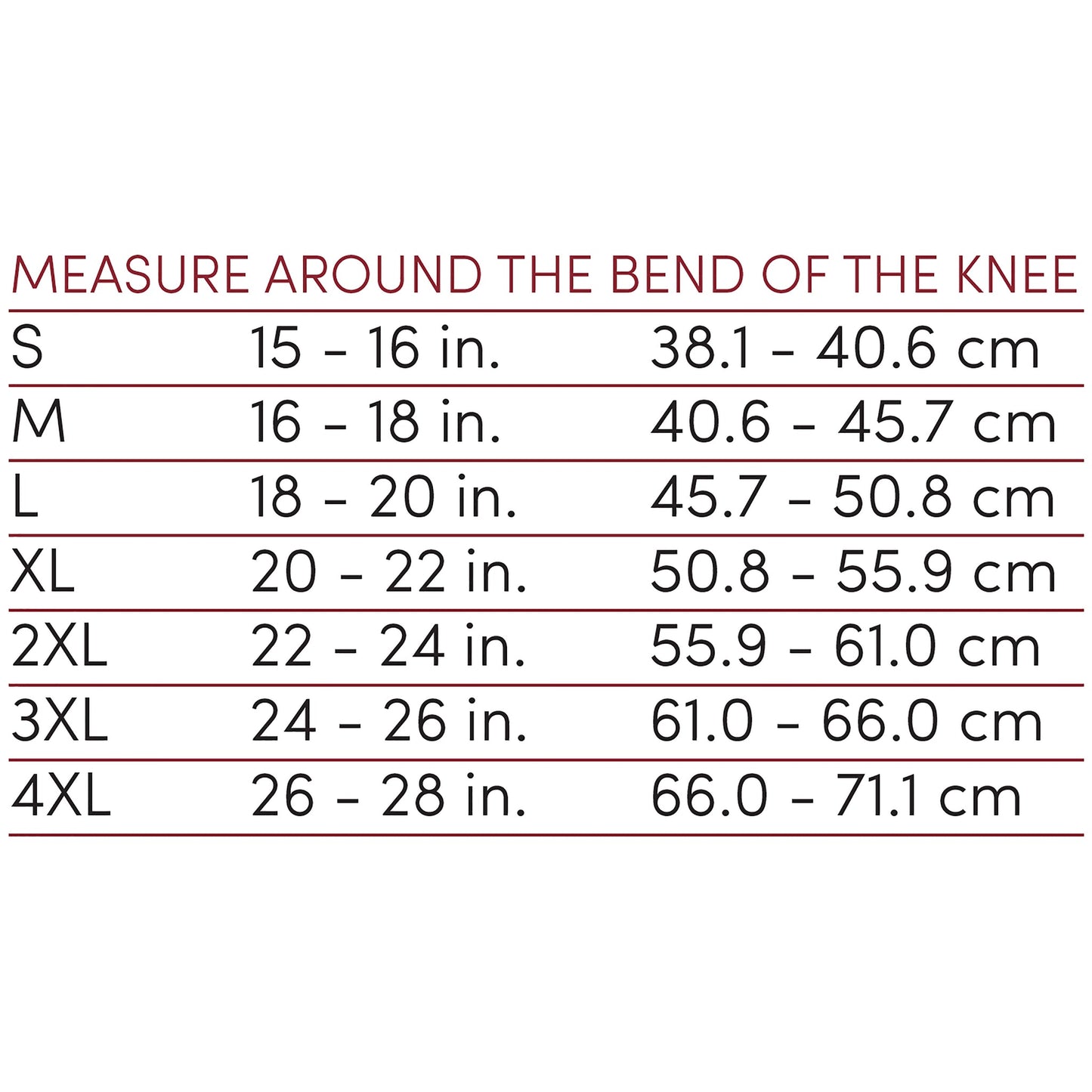 OTC Orthotex Knee Stabilizer - Hinged Bars, Size Chart