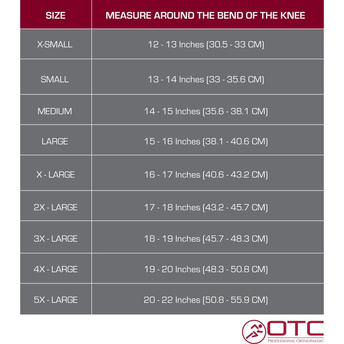 OTC Orthotex Knee Stabilizer Wrap - ROM Hinged Bars, Size Chart