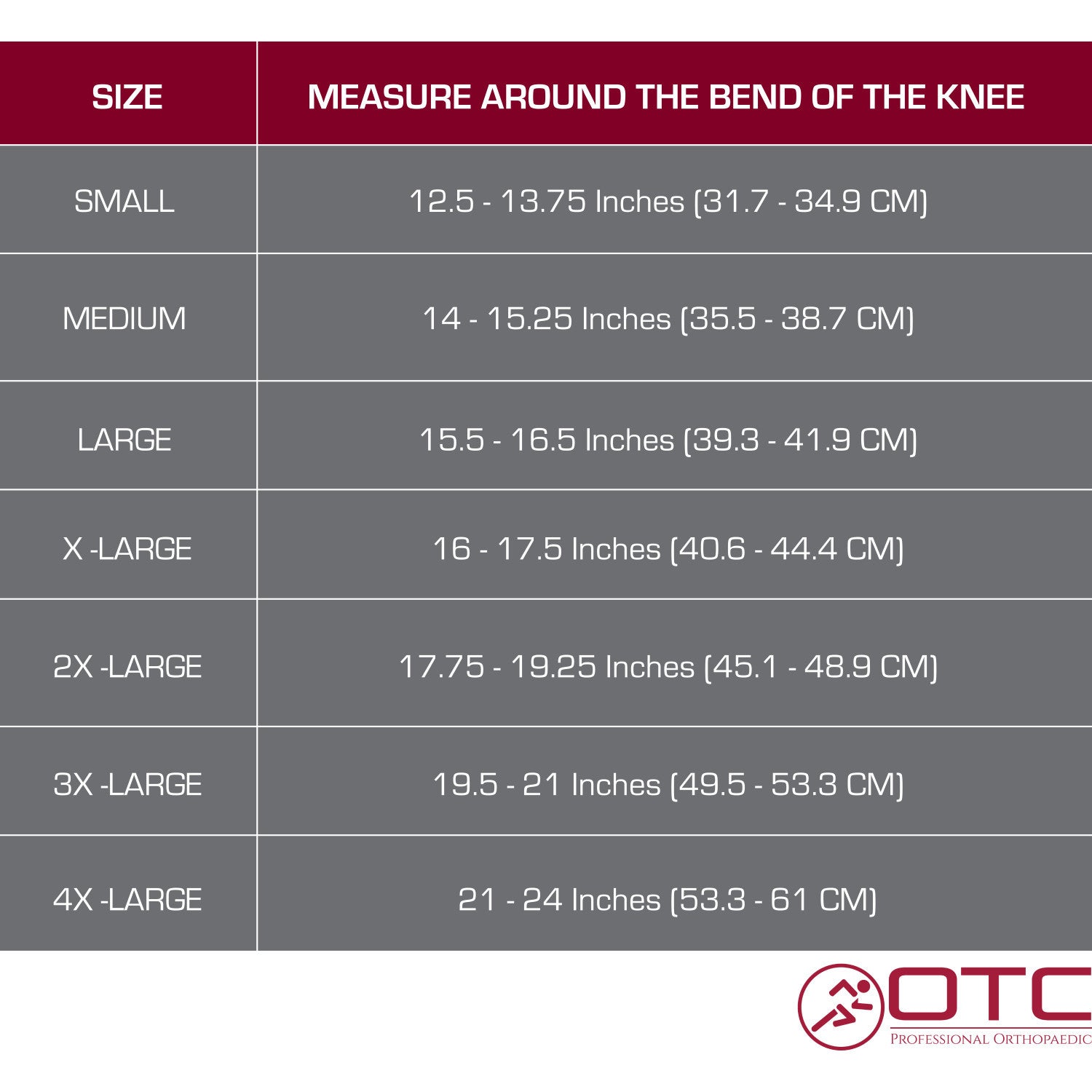 OTC Neoprene Knee Support - Open Patella, Size Chart