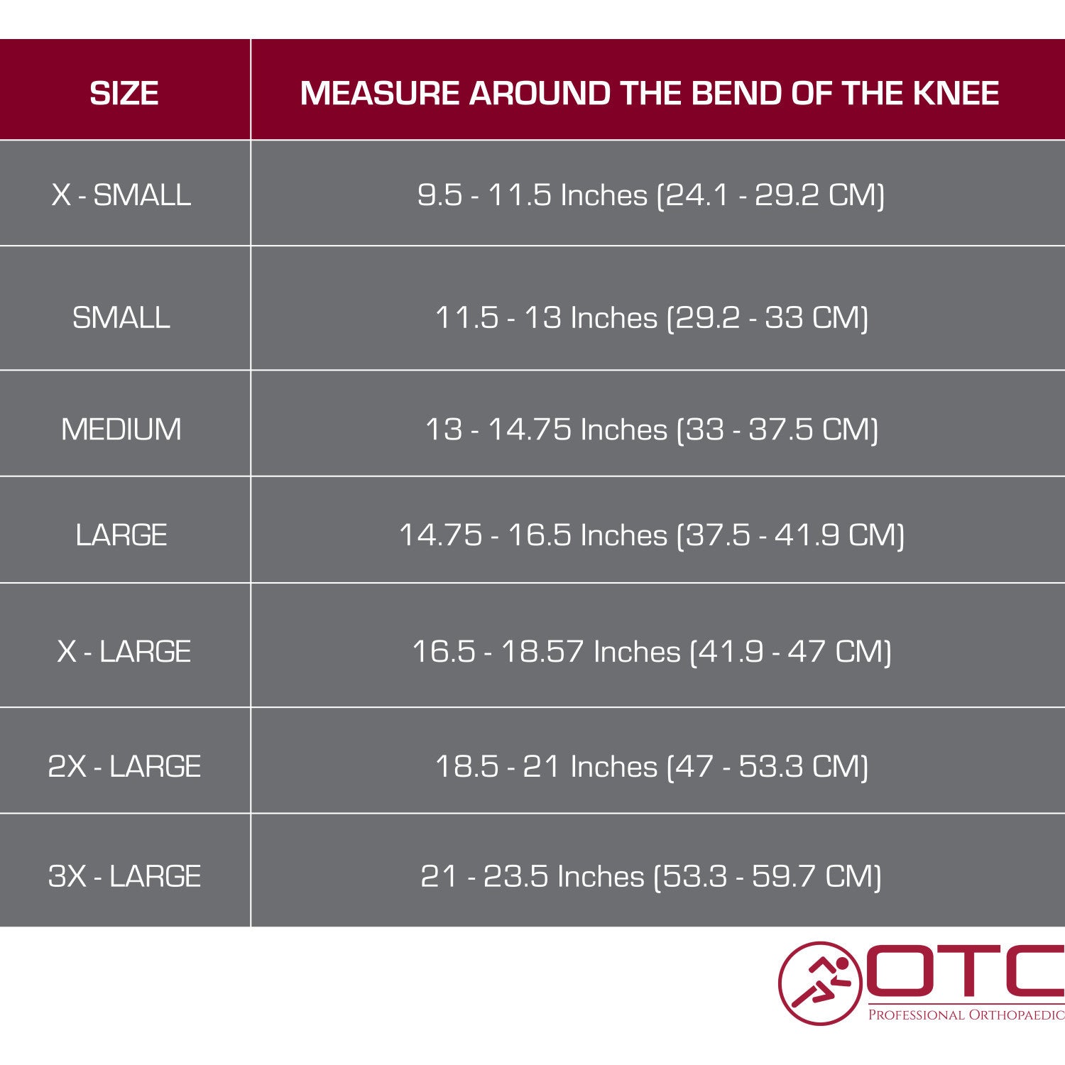 OTC Knee Brace - Hinged Bars, Size Chart