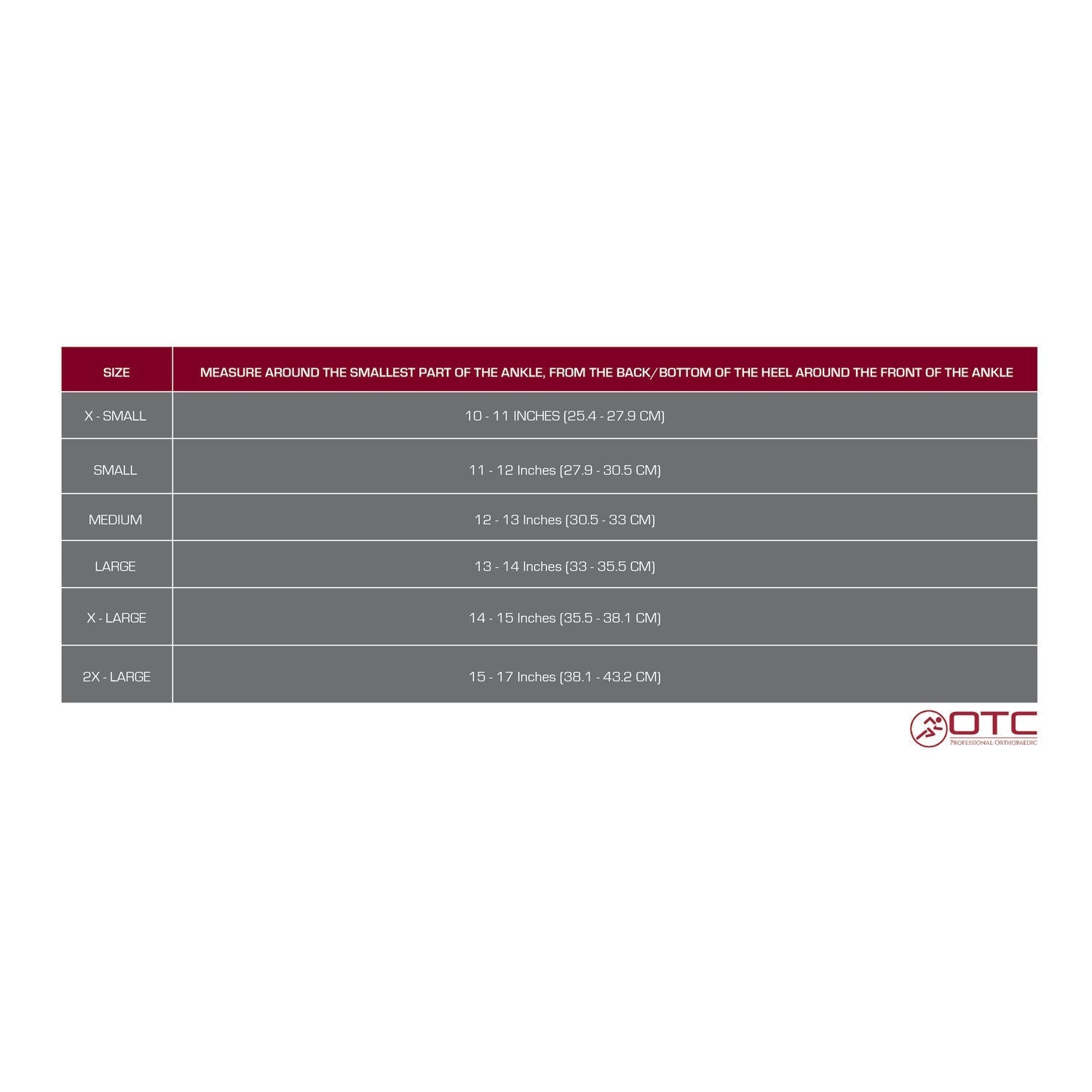 OTC Ankle Stabilizer - Heel Locking Straps, Size Chart