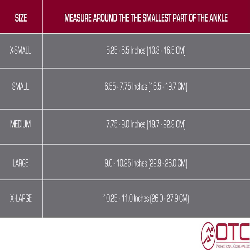 OTC Ankle Support - Spiral Stays, Size Chart